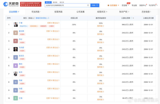 于谦持股公司被执行85万 与众多明星共同持股